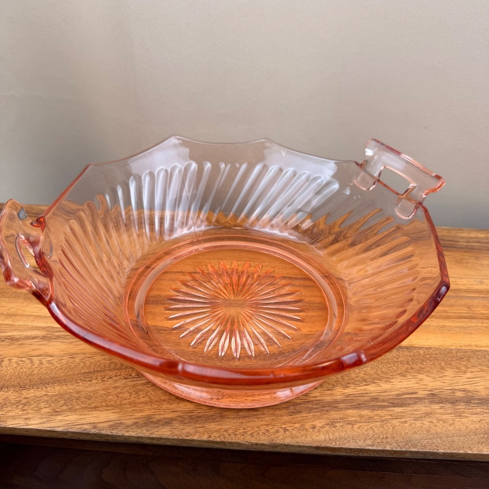 Vintage Pink Depression Glass Ribbed Swirl Bowl with Handles Scalloped Edge